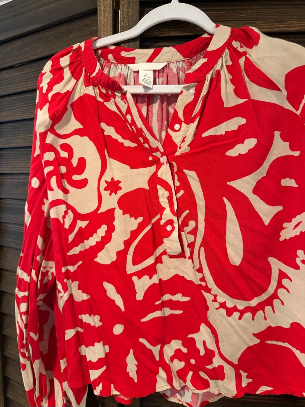 H&M Red and Cream Printed Button-Front Blouse